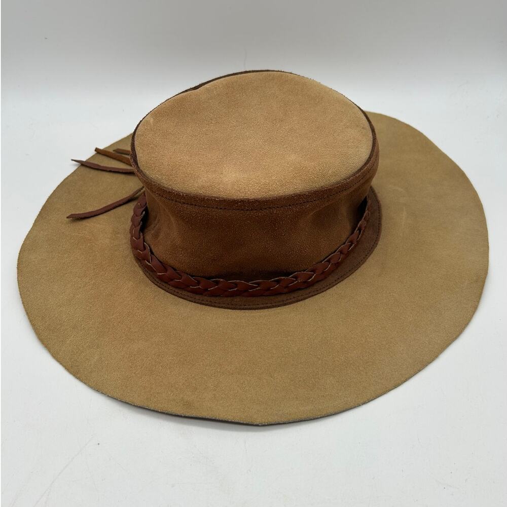 Vintage Suede Wide Brim Bolero Hat Braided Tan Leather Band Size 6 3/8 51cm - Picture 8 of 10